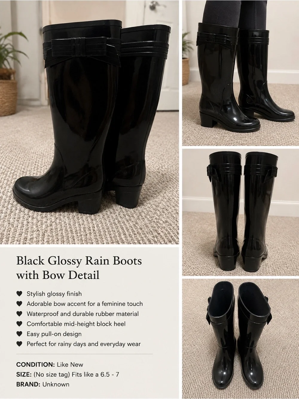 kate spade Black Glossy Rain Boots with Bow Accent